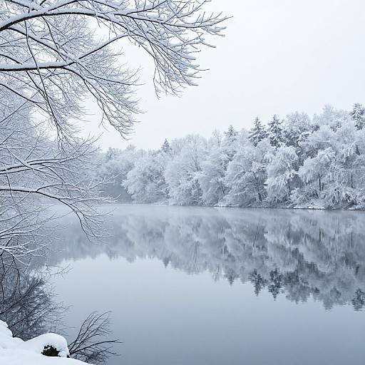 Photograph of a serene, snow-covered lake reflecting frosty trees and overhanging branches, with a white, overcast sky.