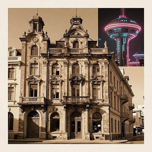 Photograph of a sepia-toned, ornate, historic European building with intricate architecture, contrasted by a neon-lit, futuristic skyscraper