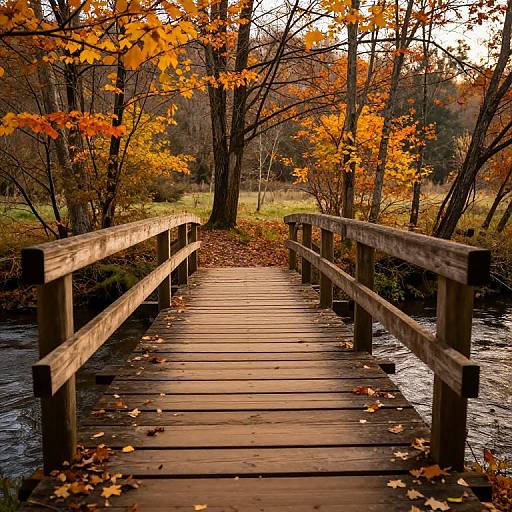 Photograph of a wooden bridge with fallen leaves, leading through an autumn forest with vibrant orange and yellow leaves.