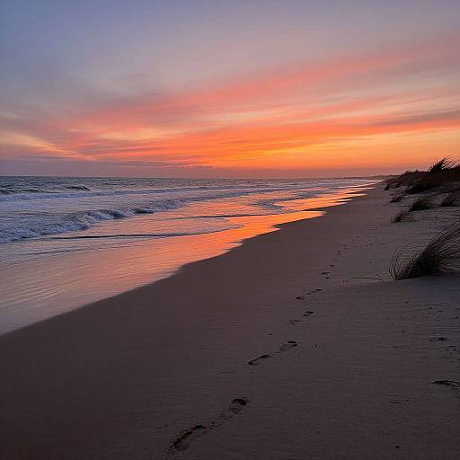 Photograph of a tranquil beach at sunset, featuring a vibrant orange and pink sky, gentle waves, and footprints in the sand.