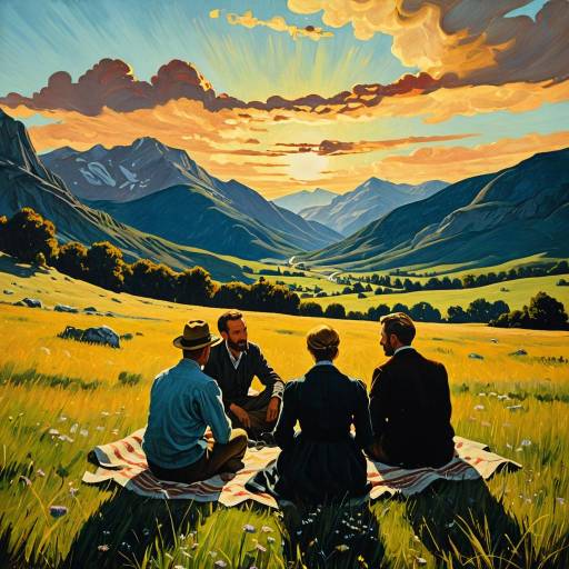 Group Sitting in Mountain Meadow at Sunset