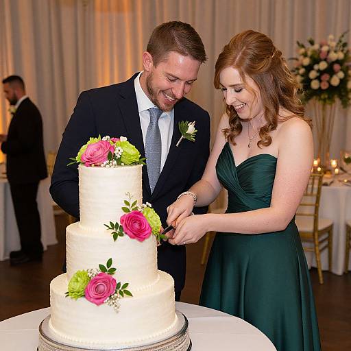 Joyful Couple Cutting Wedding Cake