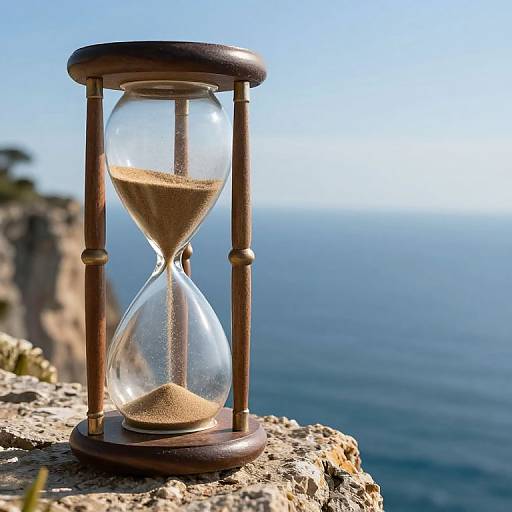 Photograph of a wooden hourglass on a rocky cliff, with sand flowing from the top to the bottom, overlooking a blue ocean under a clear sky