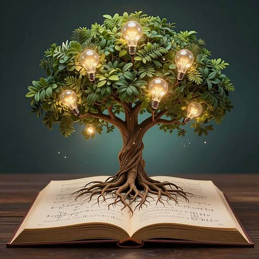 Digital illustration of a tree with glowing light bulbs for leaves, rooted in an open book with handwritten text. Dark, gradient background. Symbolizing knowledge and