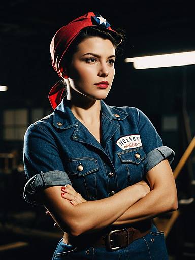 Photograph of a confident woman with fair skin, red bandana, and blue denim jacket, arms crossed, in a dimly lit workshop.