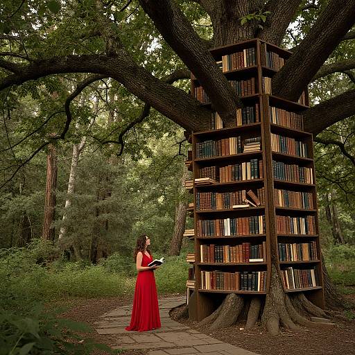 Photograph: Woman in red dress stands before tall tree with built-in bookshelves, reading in lush forest, sunlight filtering through leaves.