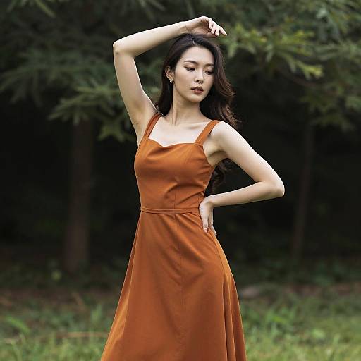 Woman in Burnt Orange Dress Posing Outdoors