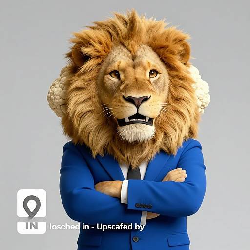 Photograph of a CGI lion with a full mane, wearing a blue suit, arms crossed, against a light blue background. Text reads 
