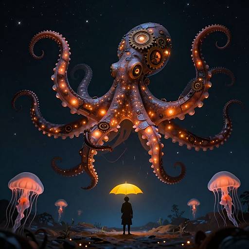 Clockwork Octopus Under Starless Sky