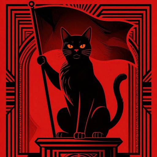 Stylized black cat with glowing orange eyes sitting on a pedestal, holding a large flag, against a vibrant red background with geometric patterns. Digital art