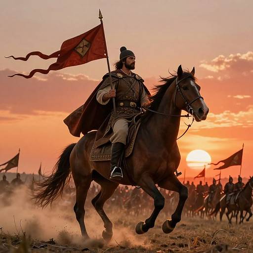 Photograph of a bearded warrior in medieval armor, holding a red flag with a symbol, riding a galloping horse at sunset, surrounded by