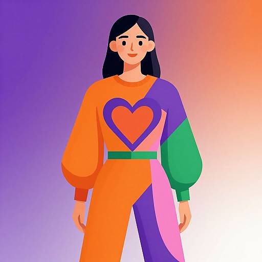 Digital illustration of a smiling woman with long black hair, wearing an orange sweater with a red heart and purple-blue-green patterned pants, against a gradient