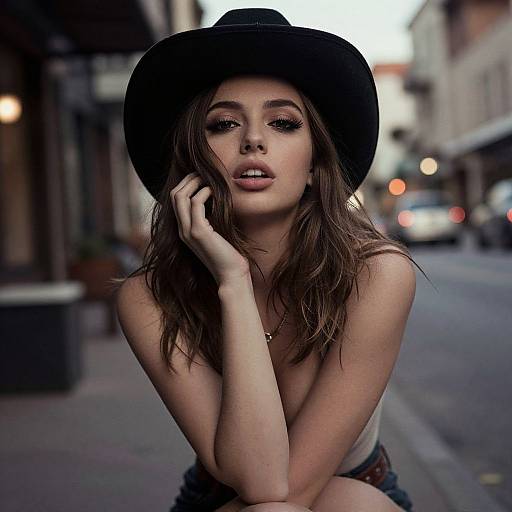 Photograph of a young woman with long brown hair, wearing a black hat, white top, and denim shorts, standing on a blurred urban street at