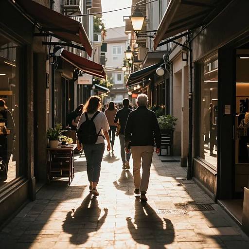 Sunlit Alleyway with Bustling Shoppers