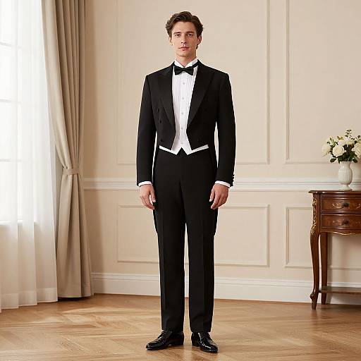 Photograph of a young man in a black tuxedo with white shirt and black bow tie, standing in an elegant room with cream walls, wooden