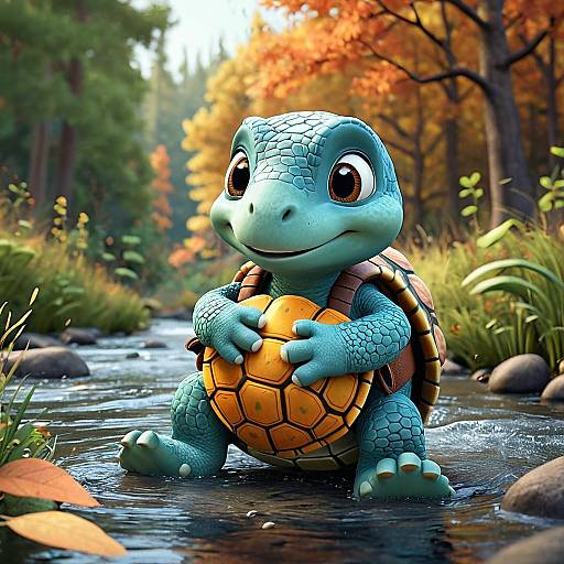 3D Pixar-Style Cute Turtle in Autumn Forest Stream