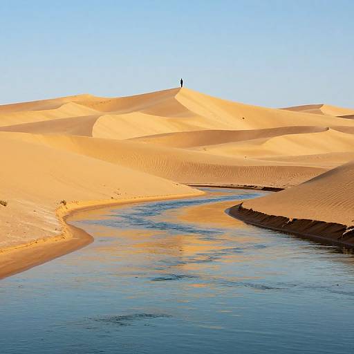 Photograph of a lone figure standing atop a golden sand dune, with a winding blue river reflecting the bright sky.