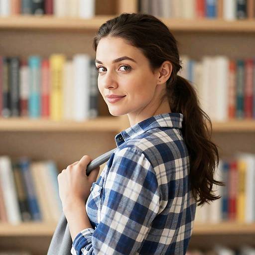 Woman with Plaid Shirt Among Bookshelves