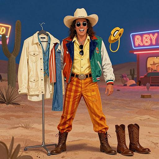 Colorful digital illustration of a smiling cowboy in a white hat, yellow shirt, orange plaid pants, and brown boots, standing in a desert with