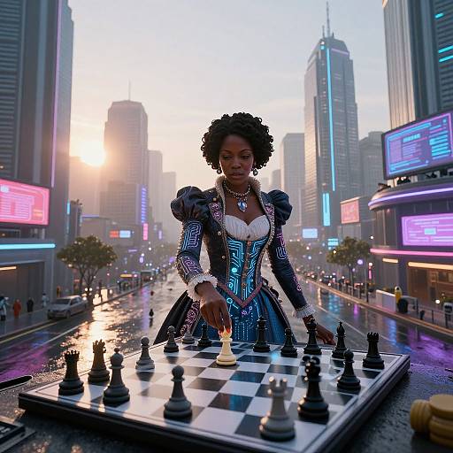 Digital artwork of a futuristic African woman with curly hair in a neon-patterned dress, playing chess on a city street at sunset, surrounded by glowing skys