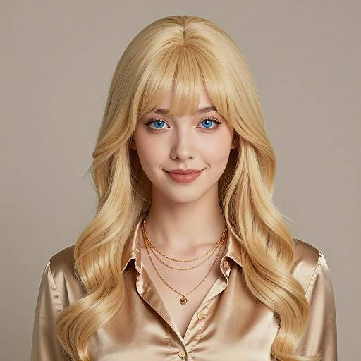 Blonde Woman with Wavy Hair and Gold Satin Blouse