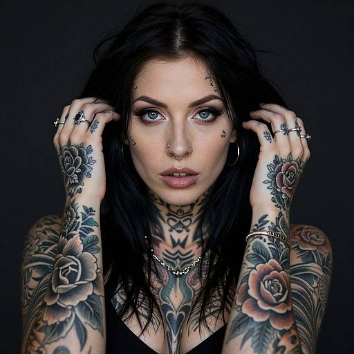 Tattooed woman with black hair, blue eyes, nose ring, and septum piercings, holding her hair, showcasing colorful floral and