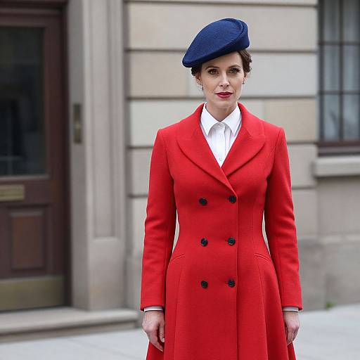 Photograph of a woman in a bright red double-breasted coat and dark blue beret, standing in front of a stone building. She has short