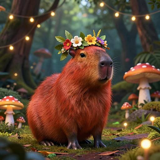 Digital art of a cute, fluffy red beaver wearing a colorful flower crown, surrounded by glowing fairy lights, mushrooms, and forest foliage.