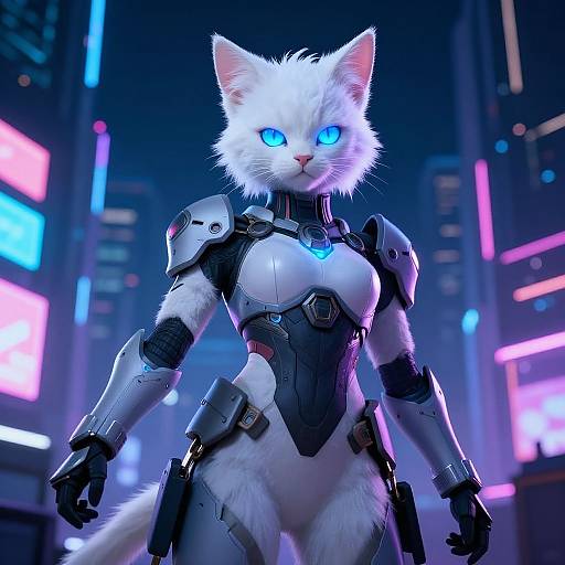 CGI image of a white, glowing-eyed, robotic cat with futuristic armor standing in a neon-lit, cyberpunk cityscape.