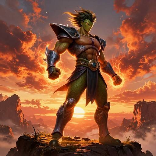 Digital artwork of a muscular, green-skinned warrior with spiked hair, wearing armor and loincloth, standing heroically against a fiery sunset sky with