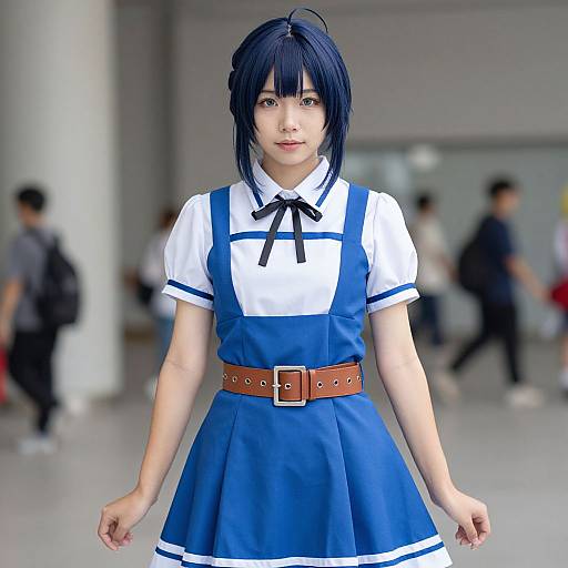 Photograph of an East Asian woman with short black hair, wearing a blue and white anime-style dress with brown belt, standing in a blurred indoor setting