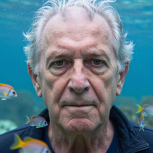Photograph of an elderly man with white hair and wrinkles, underwater, surrounded by colorful fish. He wears a black shirt, looking directly at the camera