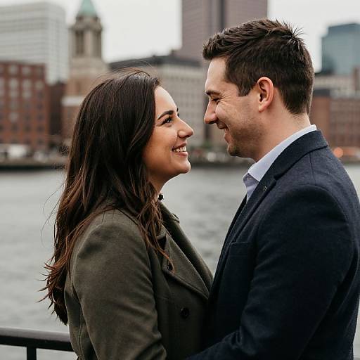Photograph of a smiling couple with long dark hair and short dark hair, standing by a river, wearing dark jackets, against a cityscape background.