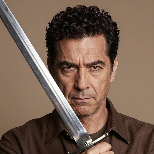 Intense Portrait of a Sword-Wielding Man