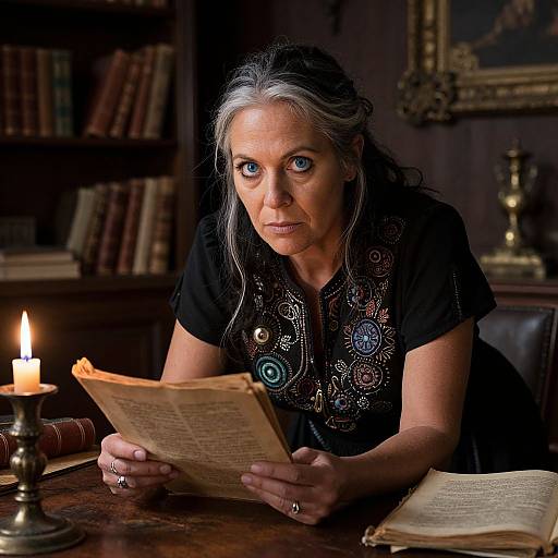 Photograph of an older woman with gray hair, blue eyes, and intricate black blouse, reading a parchment in a dimly lit, book-filled study