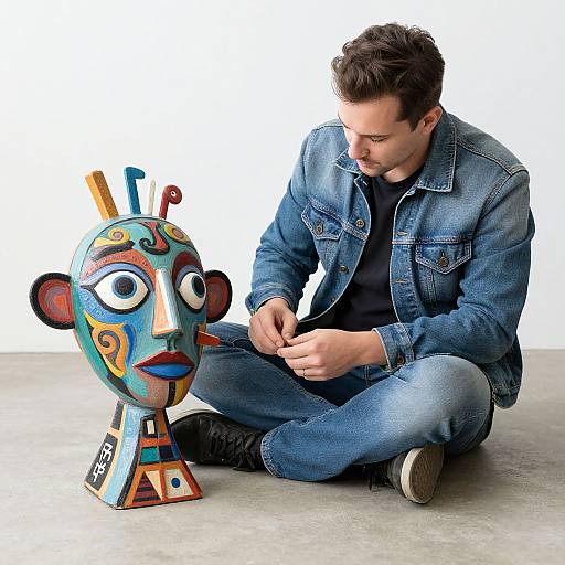 Photograph of a bearded man in a denim jacket and jeans, sitting cross-legged, painting a colorful, abstract, carved wooden mask.