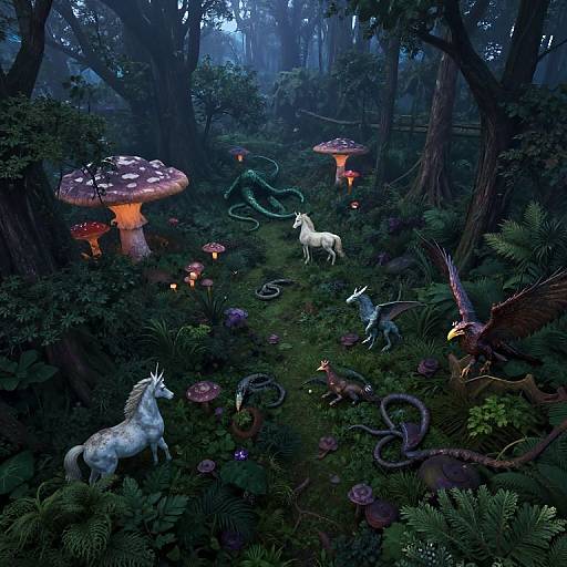 Fantasy forest scene: glowing mushrooms, white unicorn, green snake, colorful dragon, mythical creatures, dense foliage, moonlit, magical, ethereal