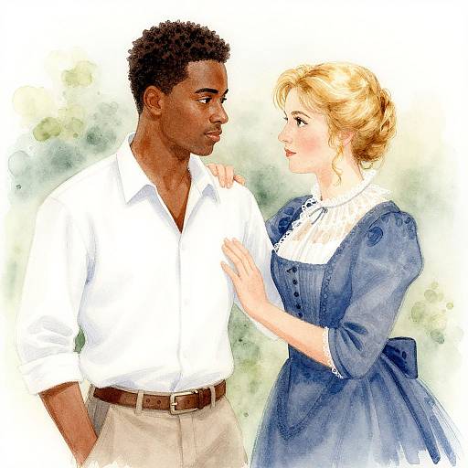 Digital illustration of a dark-skinned man in a white shirt and beige pants, gazing at a blonde woman in a blue Victorian dress, standing close