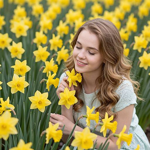 Radiant Woman Among Golden Daffodils