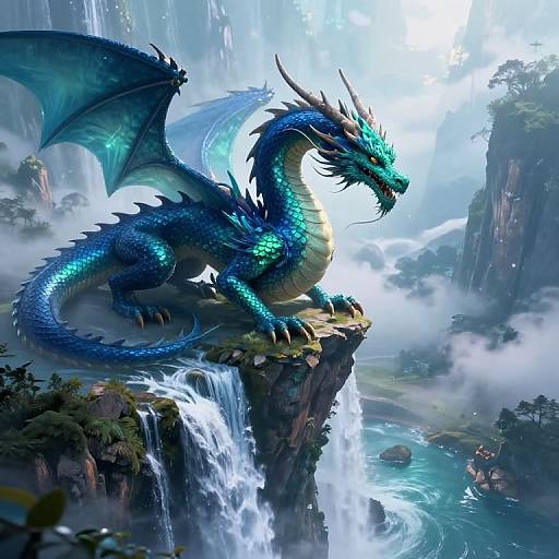 Digital painting of a vibrant blue, bioluminescent dragon with green highlights, perched on a rocky cliff overlooking a misty waterfall and lush canyon