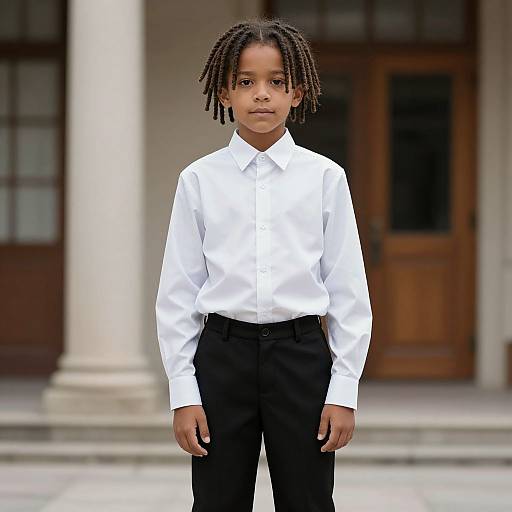 Photograph of a young Black boy with short dreadlocks, wearing a white dress shirt and black pants, standing in front of a building with wooden doors