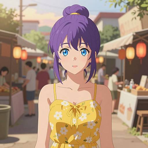 Vibrant Market Scene with Purple-Haired Woman