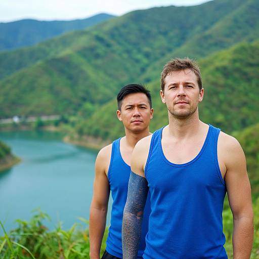 Photograph of two muscular men in blue tank tops standing against a lush, green mountainous backdrop with a blue river.