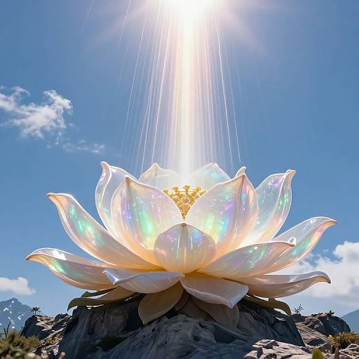 Digital artwork of a radiant, iridescent lotus flower bathed in sunlight, with beams of light shining down, set against a clear blue sky