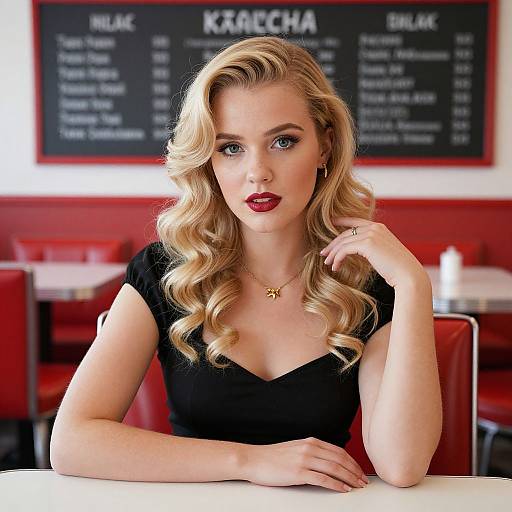 Photograph of a blonde woman with curled hair, red lipstick, black dress, and gold necklace, seated at a red diner table. Blackboard menu