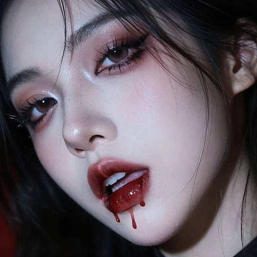 Digital artwork of a pale, dark-haired woman with blood dripping from her parted lips, glossy eyes, and dark, smoky makeup.