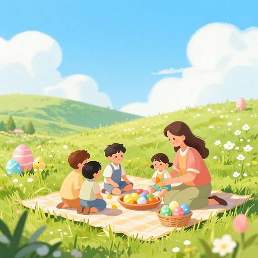 Digital illustration of a family picnic on a sunny, grassy hill with colorful Easter eggs, a basket, and a bright blue sky.