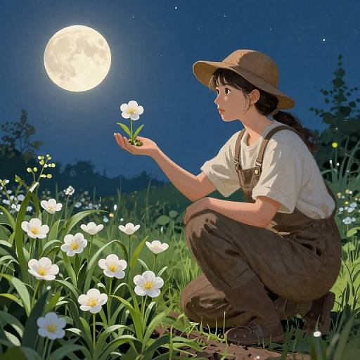 Digital painting of an Asian woman in overalls and hat, crouching in a moonlit field, gently holding a white flower under a bright full