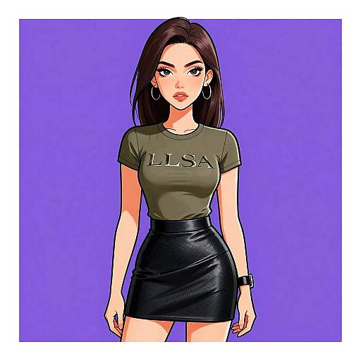 Digital anime-style drawing of a brunette woman with hoop earrings, olive green 