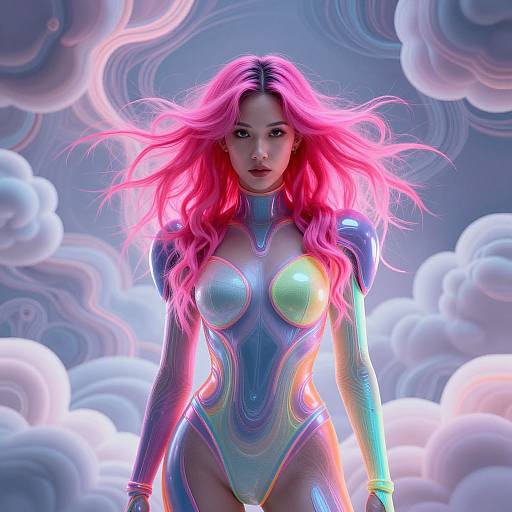 Digital artwork of an Asian woman with neon pink hair, wearing a shimmering, iridescent bodysuit, standing against a swirling, cloud-filled